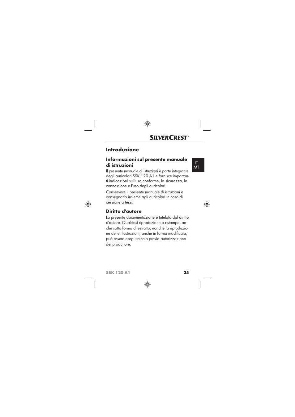 Introduzione, Informazioni sul presente manuale di istruzioni, Diritto d'autore | Silvercrest SSK 120 A1 User Manual | Page 27 / 90