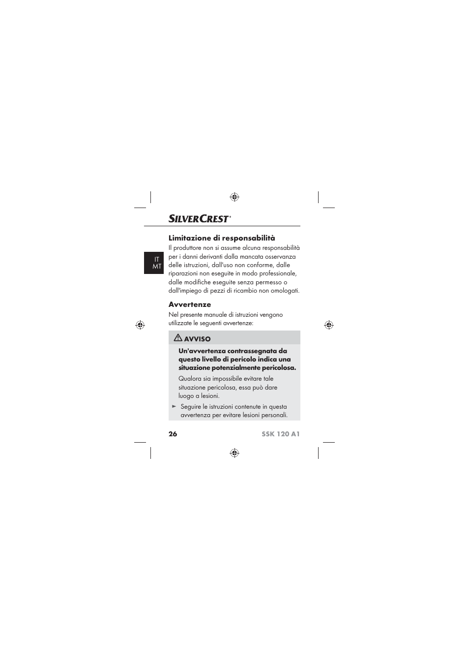 Limitazione di responsabilità, Avvertenze | Silvercrest SSK 120 A1 User Manual | Page 28 / 90