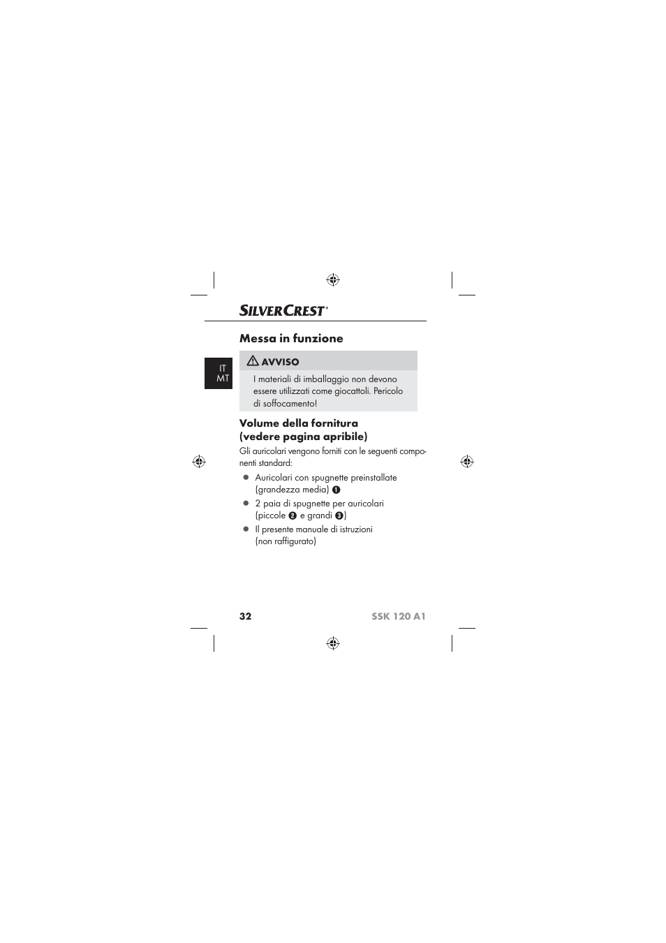 Messa in funzione, Volume della fornitura (vedere pagina apribile) | Silvercrest SSK 120 A1 User Manual | Page 34 / 90