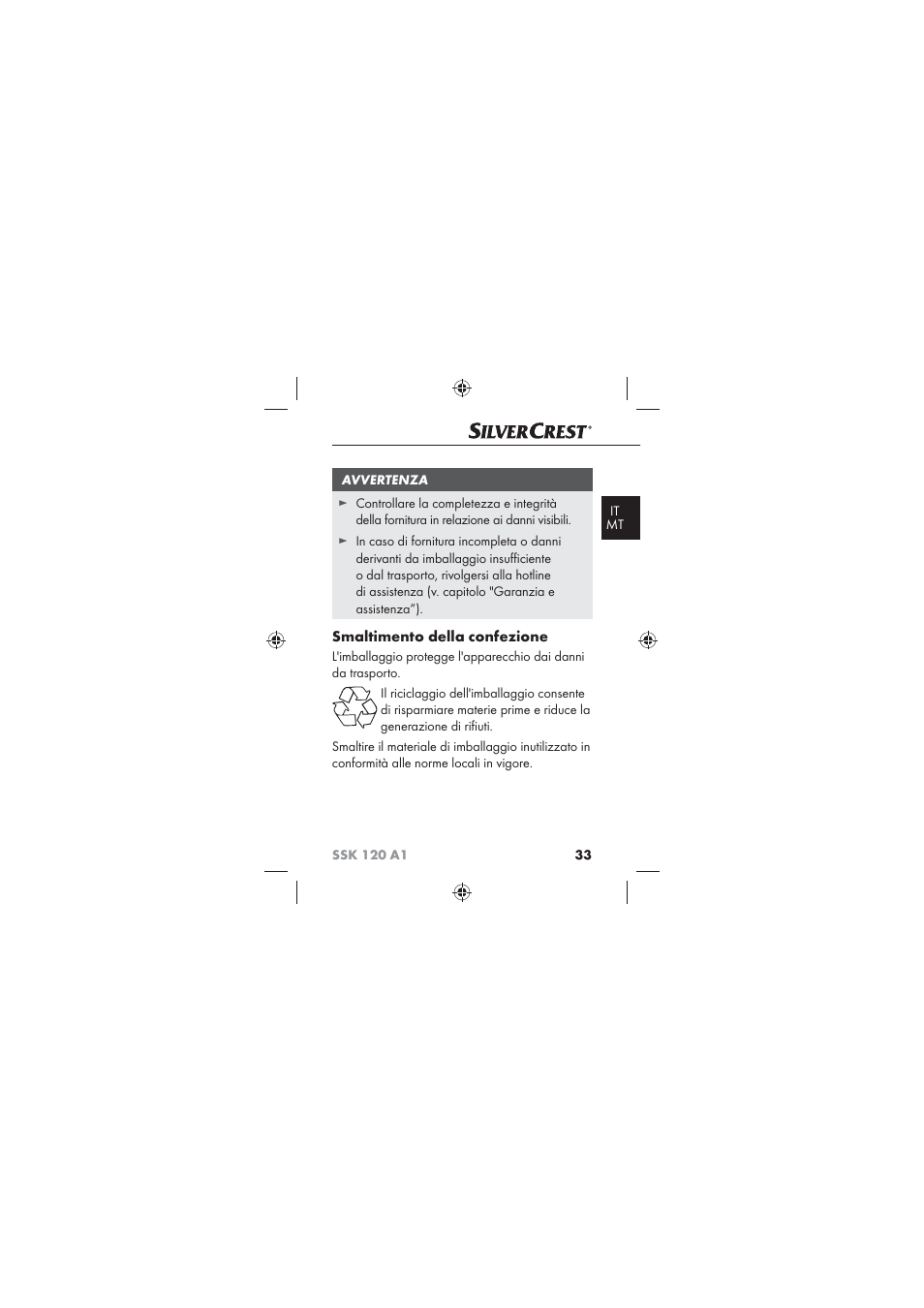 Smaltimento della confezione | Silvercrest SSK 120 A1 User Manual | Page 35 / 90