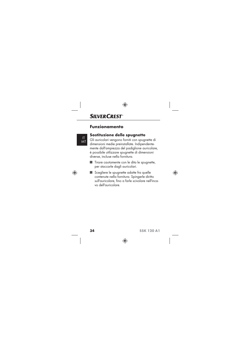 Funzionamento, Sostituzione delle spugnette | Silvercrest SSK 120 A1 User Manual | Page 36 / 90