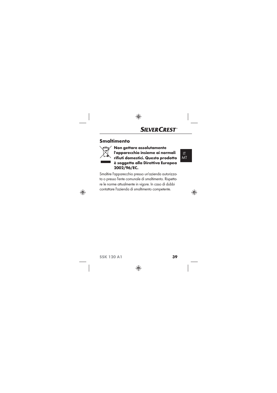 Smaltimento | Silvercrest SSK 120 A1 User Manual | Page 41 / 90