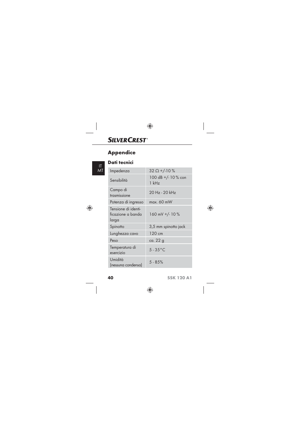 Appendice, Dati tecnici | Silvercrest SSK 120 A1 User Manual | Page 42 / 90