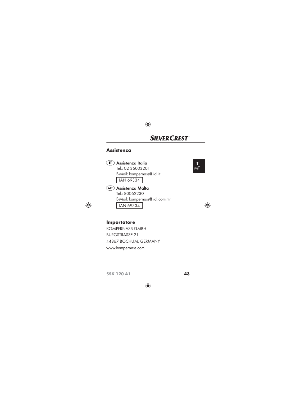 Assistenza, Importatore | Silvercrest SSK 120 A1 User Manual | Page 45 / 90