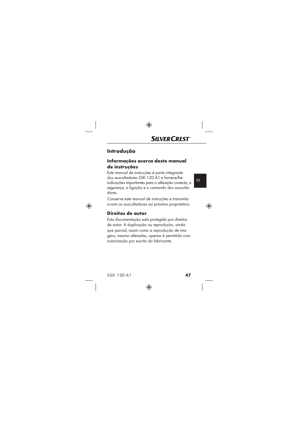 Introdução, Informações acerca deste manual de instruções, Direitos de autor | Silvercrest SSK 120 A1 User Manual | Page 49 / 90