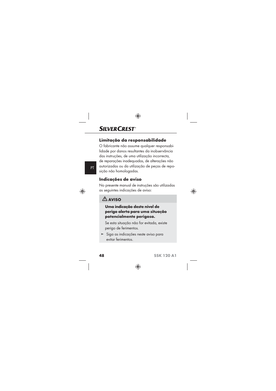 Limitação da responsabilidade, Indicações de aviso | Silvercrest SSK 120 A1 User Manual | Page 50 / 90