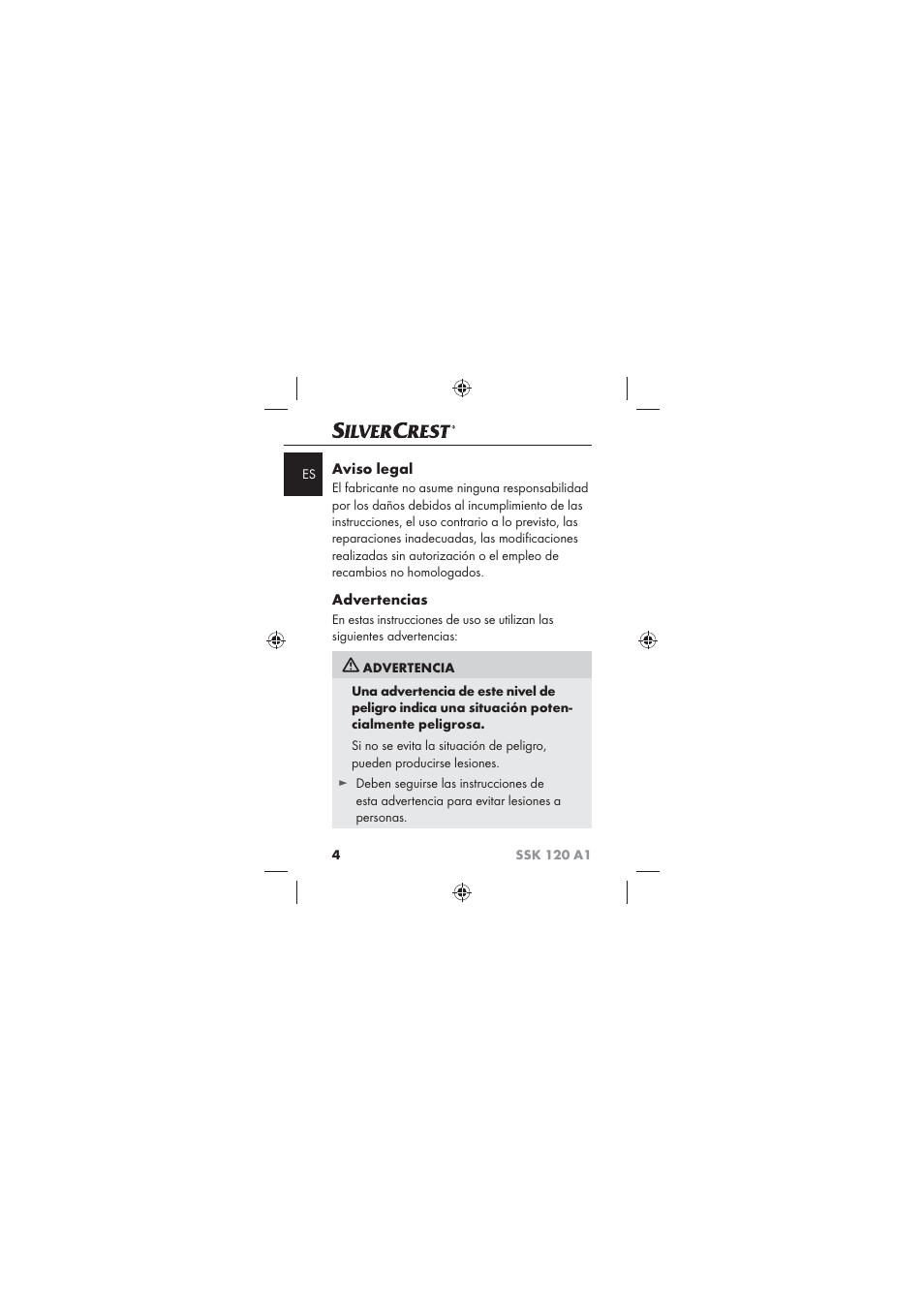 Aviso legal, Advertencias | Silvercrest SSK 120 A1 User Manual | Page 6 / 90