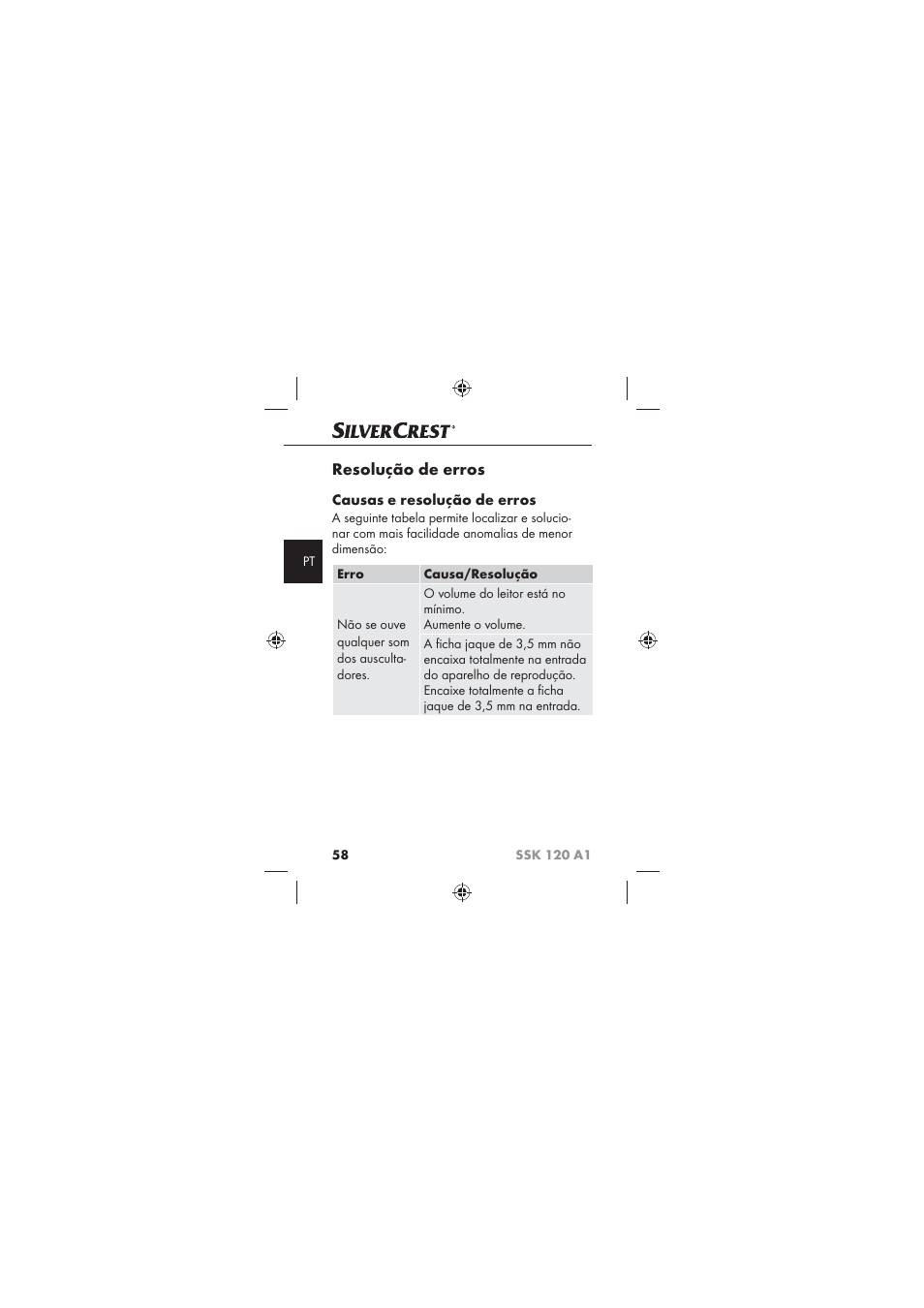 Resolução de erros, Causas e resolução de erros | Silvercrest SSK 120 A1 User Manual | Page 60 / 90