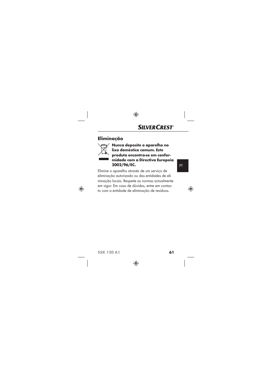 Eliminação | Silvercrest SSK 120 A1 User Manual | Page 63 / 90