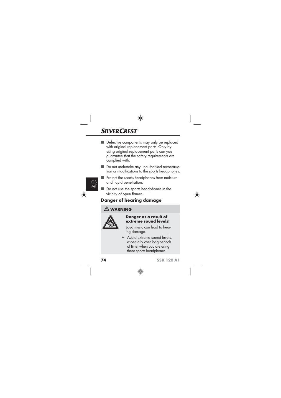 Danger of hearing damage | Silvercrest SSK 120 A1 User Manual | Page 76 / 90