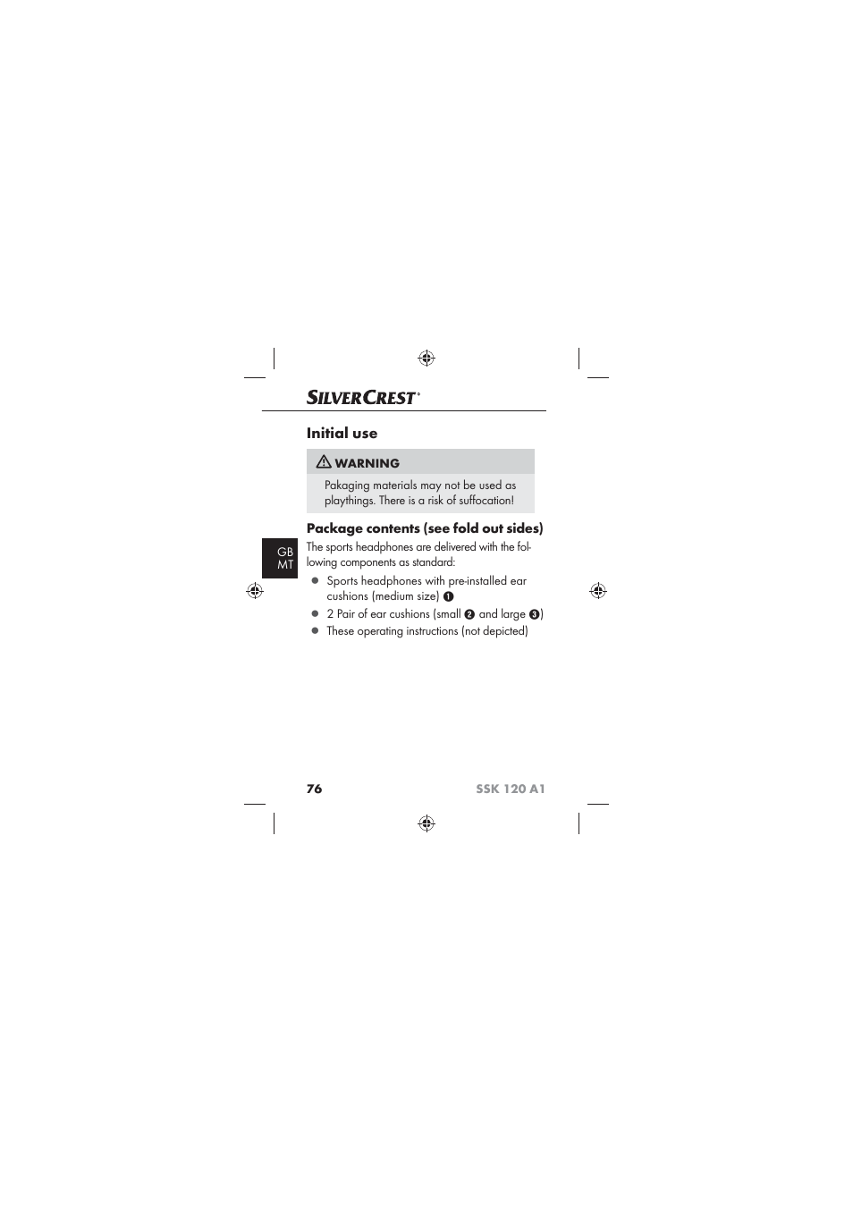 Initial use, Package contents (see fold out sides) | Silvercrest SSK 120 A1 User Manual | Page 78 / 90