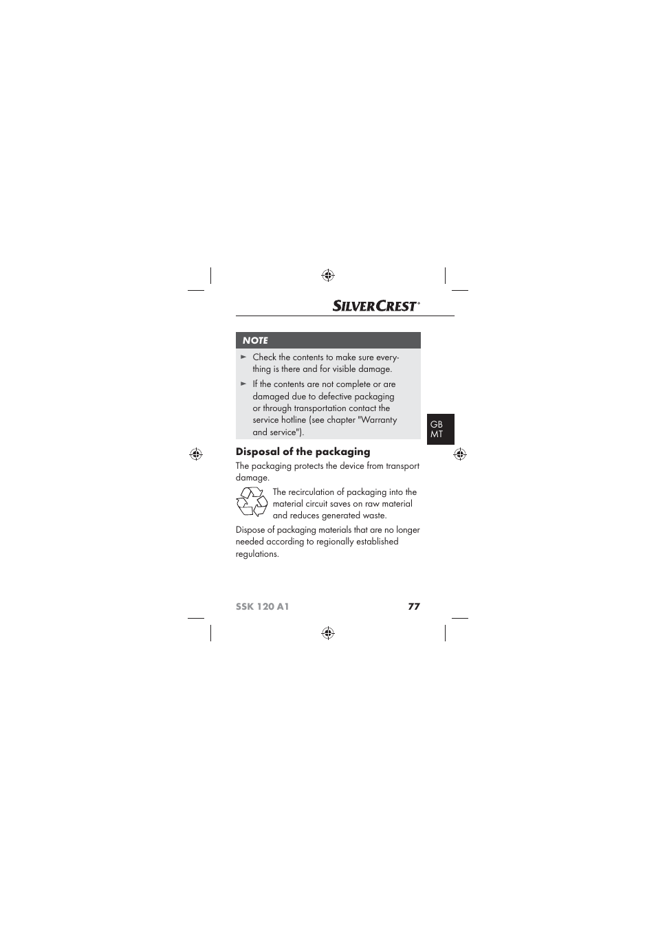 Disposal of the packaging | Silvercrest SSK 120 A1 User Manual | Page 79 / 90
