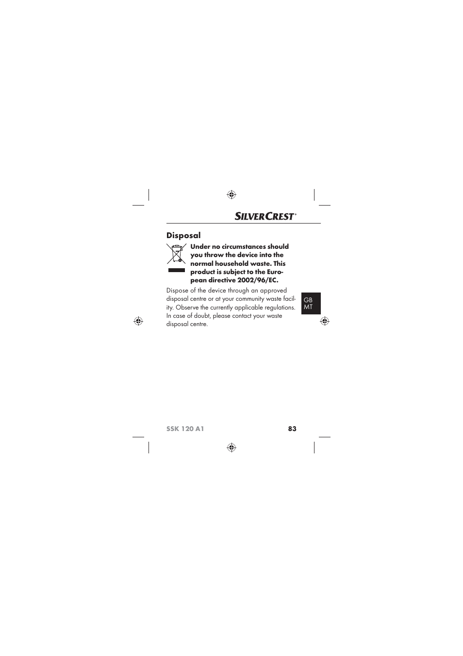 Disposal | Silvercrest SSK 120 A1 User Manual | Page 85 / 90