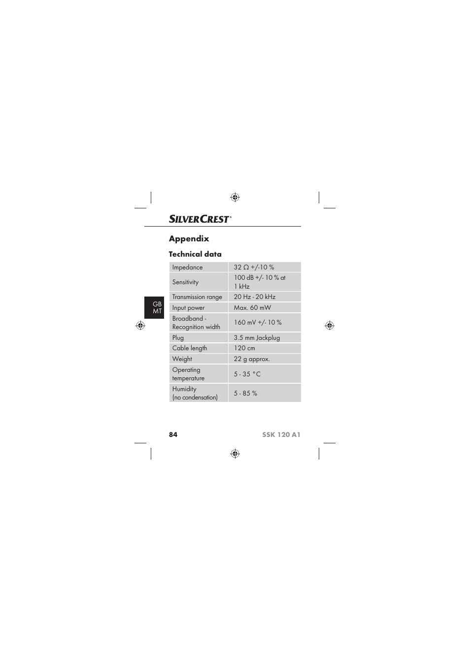 Appendix, Technical data | Silvercrest SSK 120 A1 User Manual | Page 86 / 90