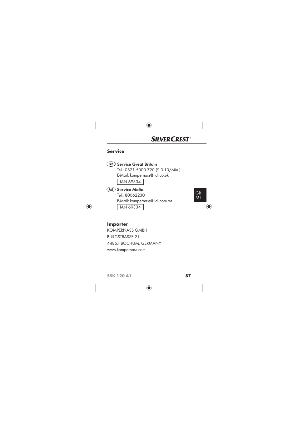Service, Importer | Silvercrest SSK 120 A1 User Manual | Page 89 / 90