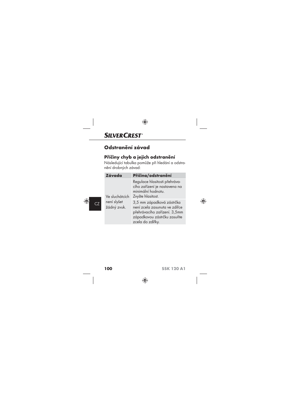Odstranění závad, Příčiny chyb a jejich odstranění | Silvercrest SSK 120 A1 User Manual | Page 102 / 132