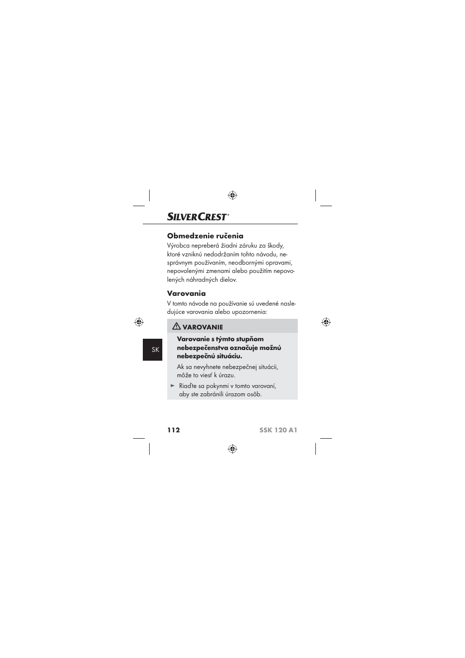 Obmedzenie ručenia, Varovania | Silvercrest SSK 120 A1 User Manual | Page 114 / 132