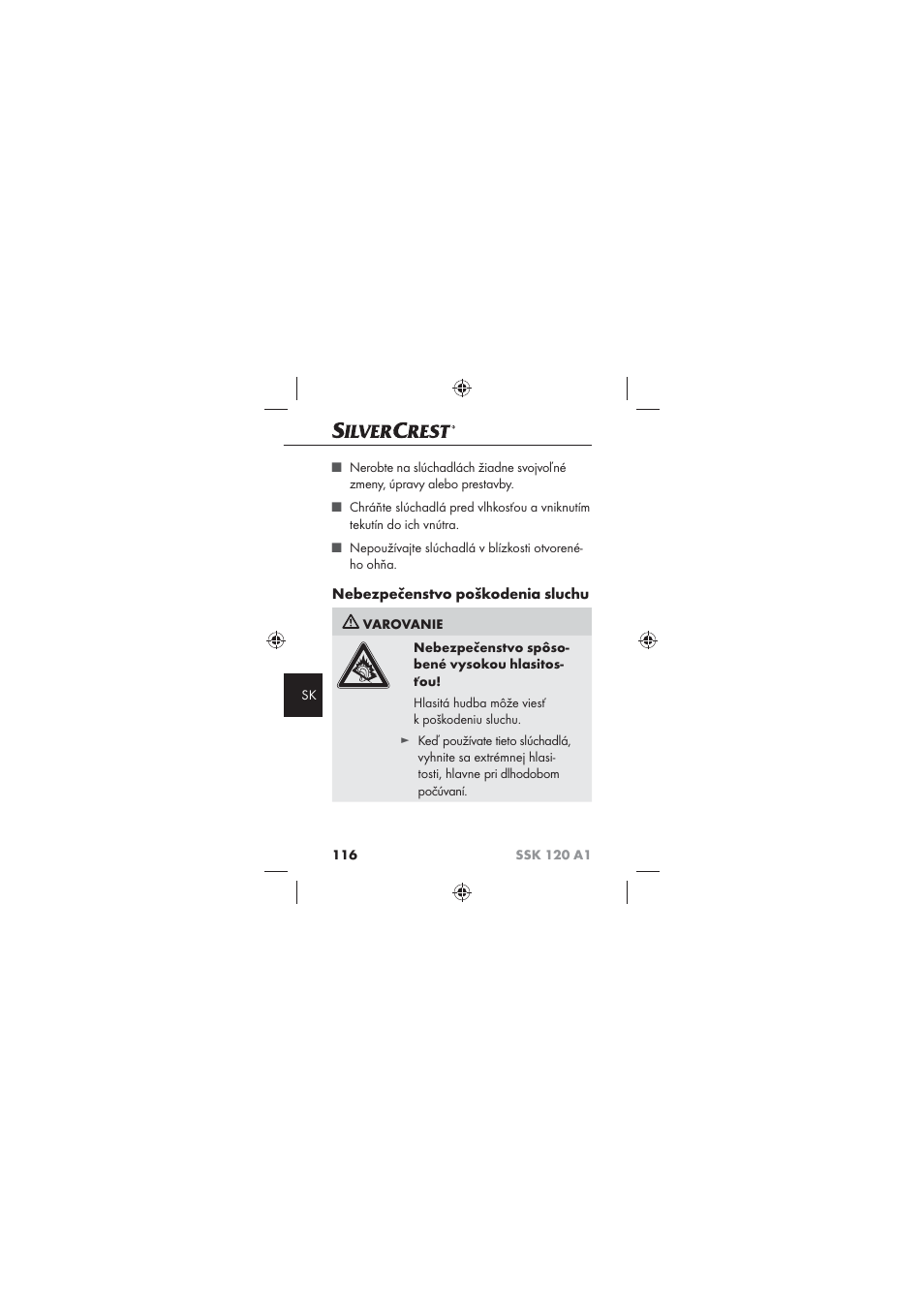 Nebezpečenstvo poškodenia sluchu | Silvercrest SSK 120 A1 User Manual | Page 118 / 132
