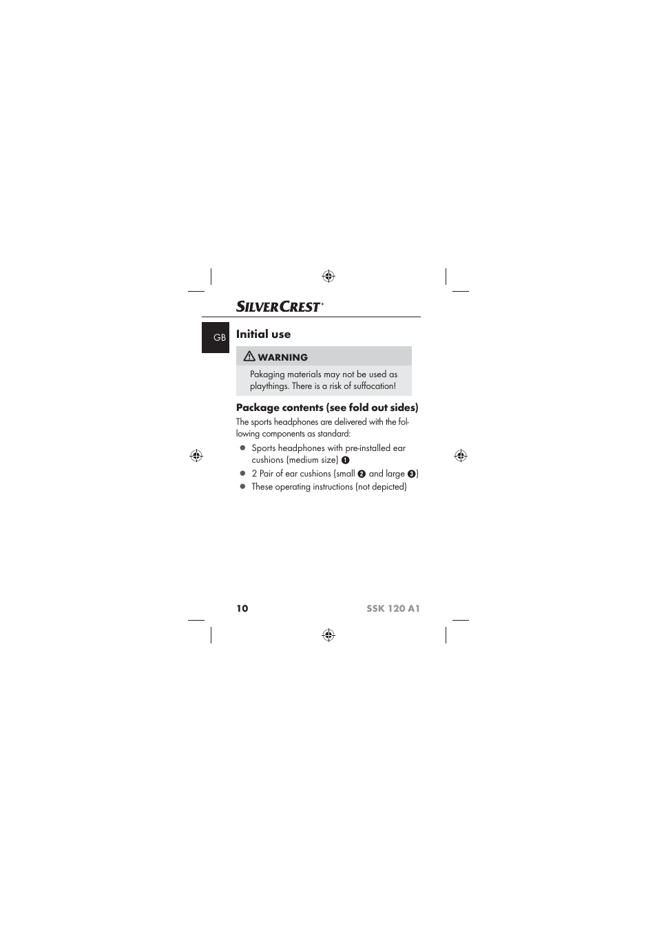 Initial use, Package contents (see fold out sides) | Silvercrest SSK 120 A1 User Manual | Page 12 / 132