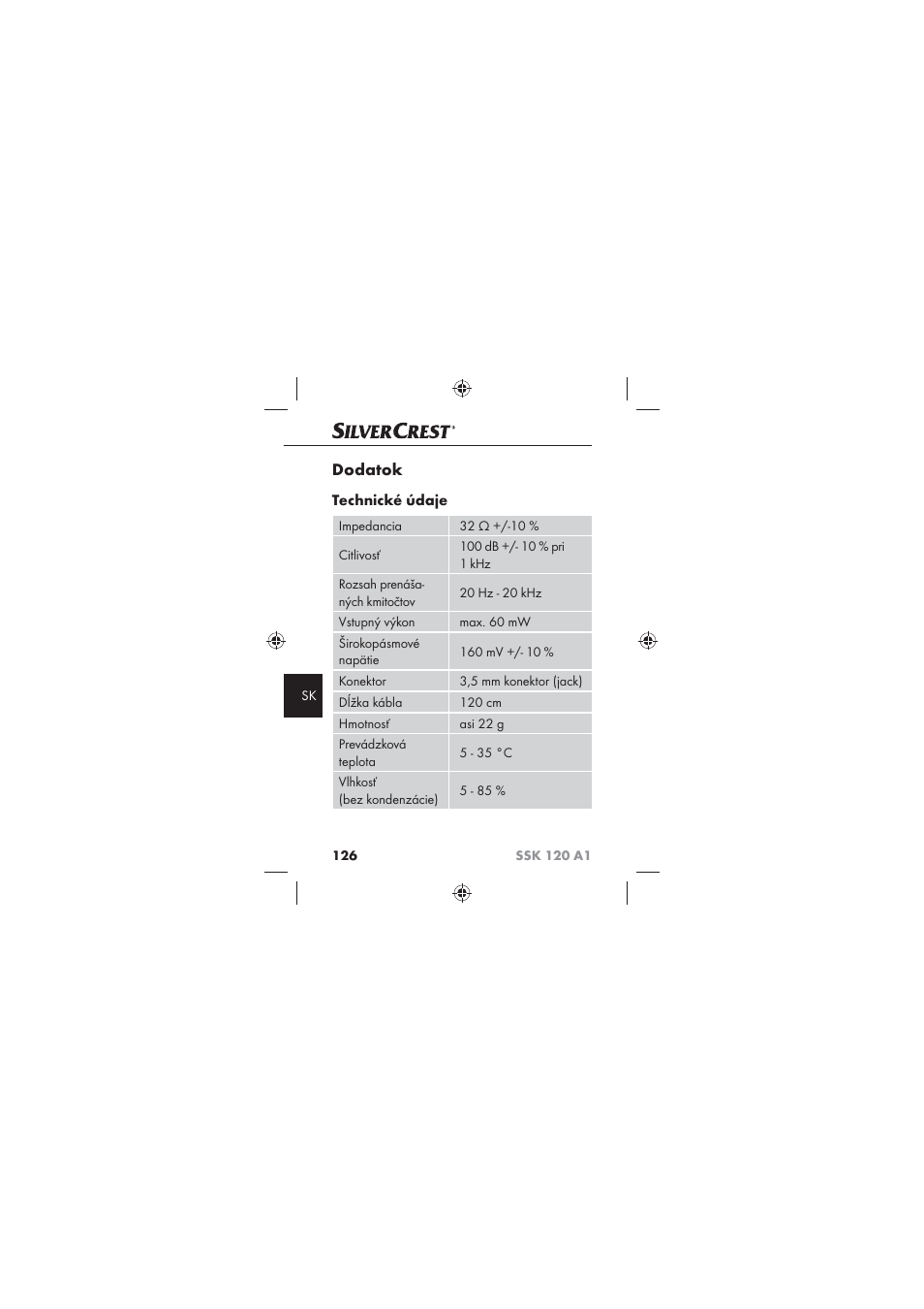 Dodatok, Technické údaje | Silvercrest SSK 120 A1 User Manual | Page 128 / 132