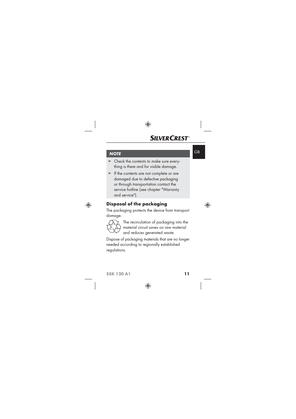 Disposal of the packaging | Silvercrest SSK 120 A1 User Manual | Page 13 / 132