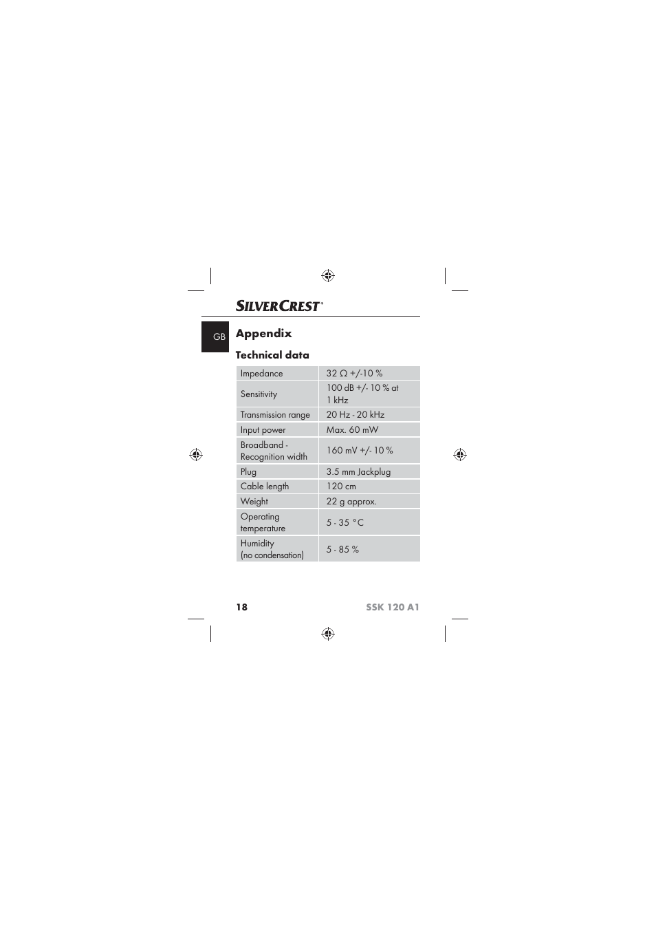 Appendix, Technical data | Silvercrest SSK 120 A1 User Manual | Page 20 / 132