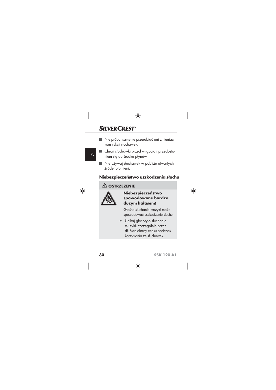 Niebezpieczeństwo uszkodzenia słuchu | Silvercrest SSK 120 A1 User Manual | Page 32 / 132