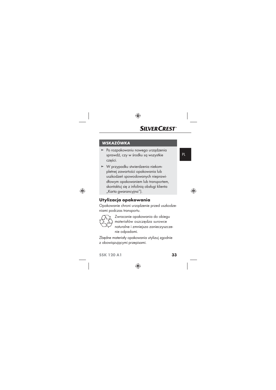Utylizacja opakowania | Silvercrest SSK 120 A1 User Manual | Page 35 / 132