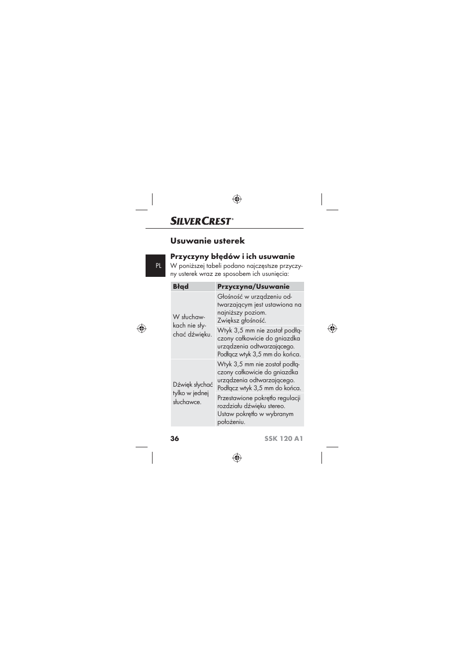 Usuwanie usterek, Przyczyny błędów i ich usuwanie | Silvercrest SSK 120 A1 User Manual | Page 38 / 132
