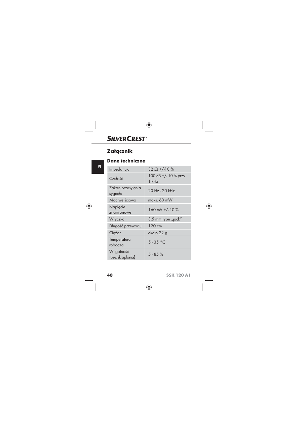 Załącznik, Dane techniczne | Silvercrest SSK 120 A1 User Manual | Page 42 / 132