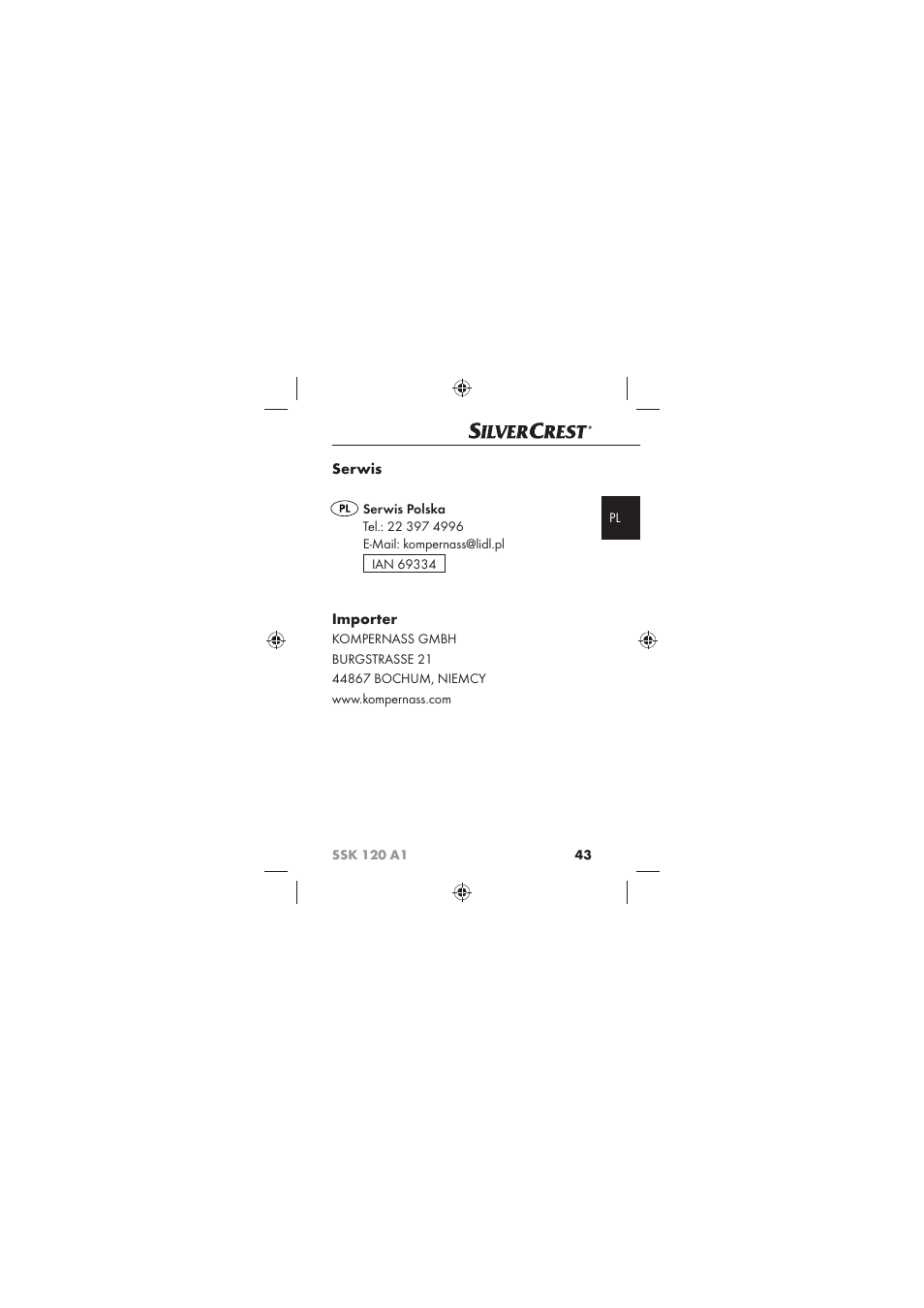 Serwis, Importer | Silvercrest SSK 120 A1 User Manual | Page 45 / 132