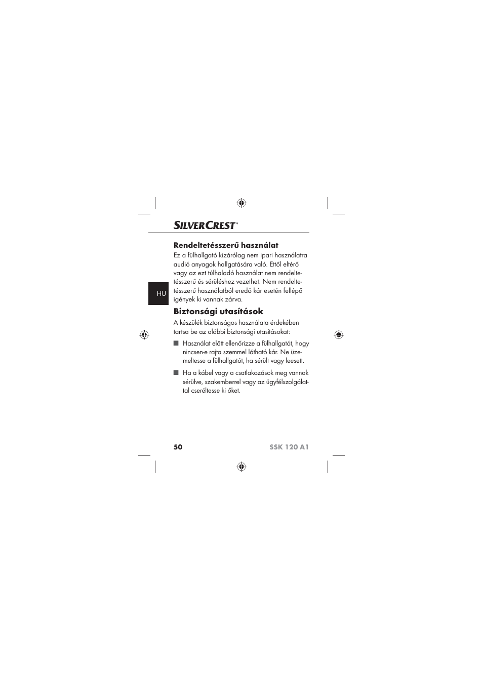 Biztonsági utasítások, Rendeltetésszerű használat | Silvercrest SSK 120 A1 User Manual | Page 52 / 132