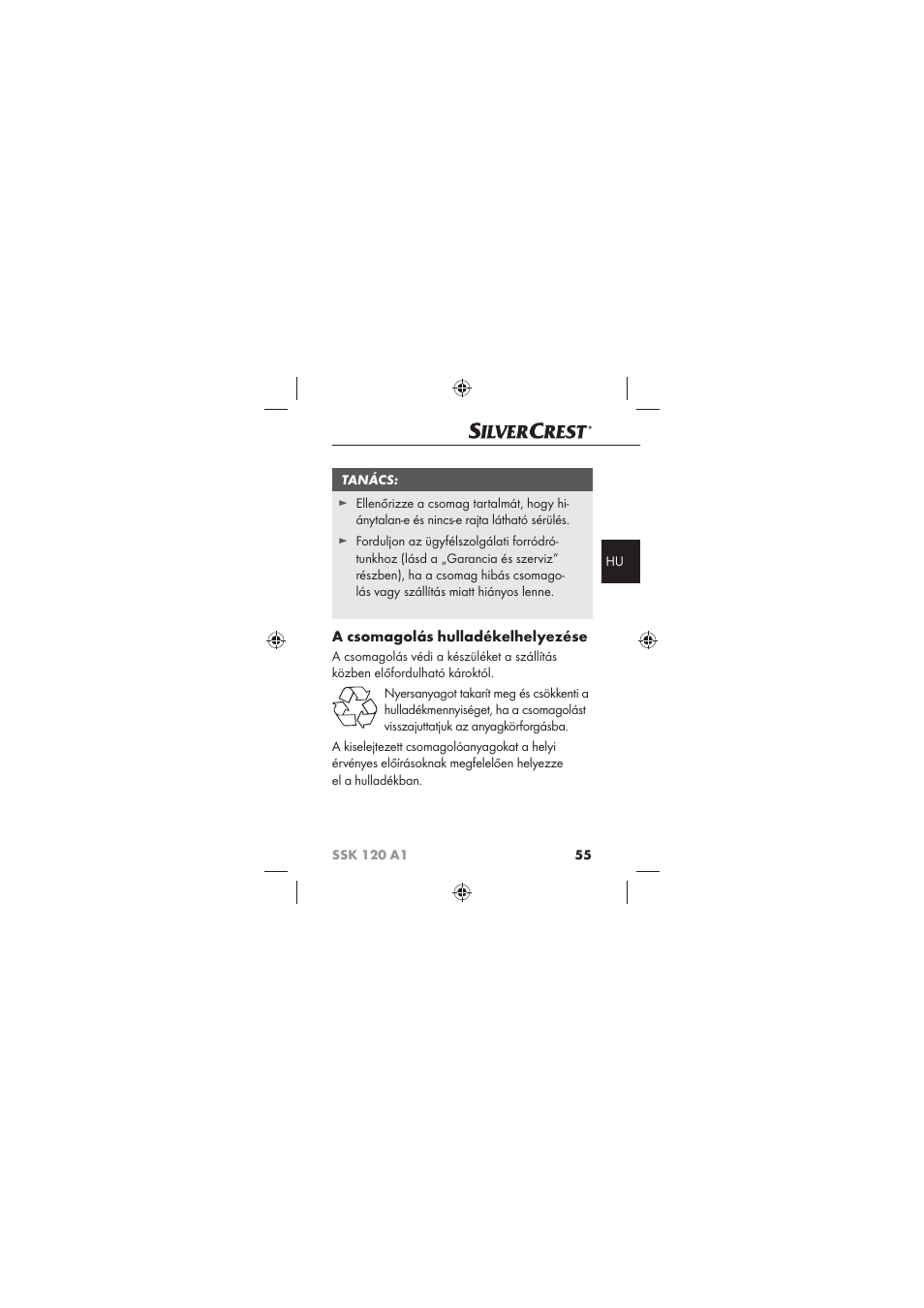 A csomagolás hulladékelhelyezése | Silvercrest SSK 120 A1 User Manual | Page 57 / 132