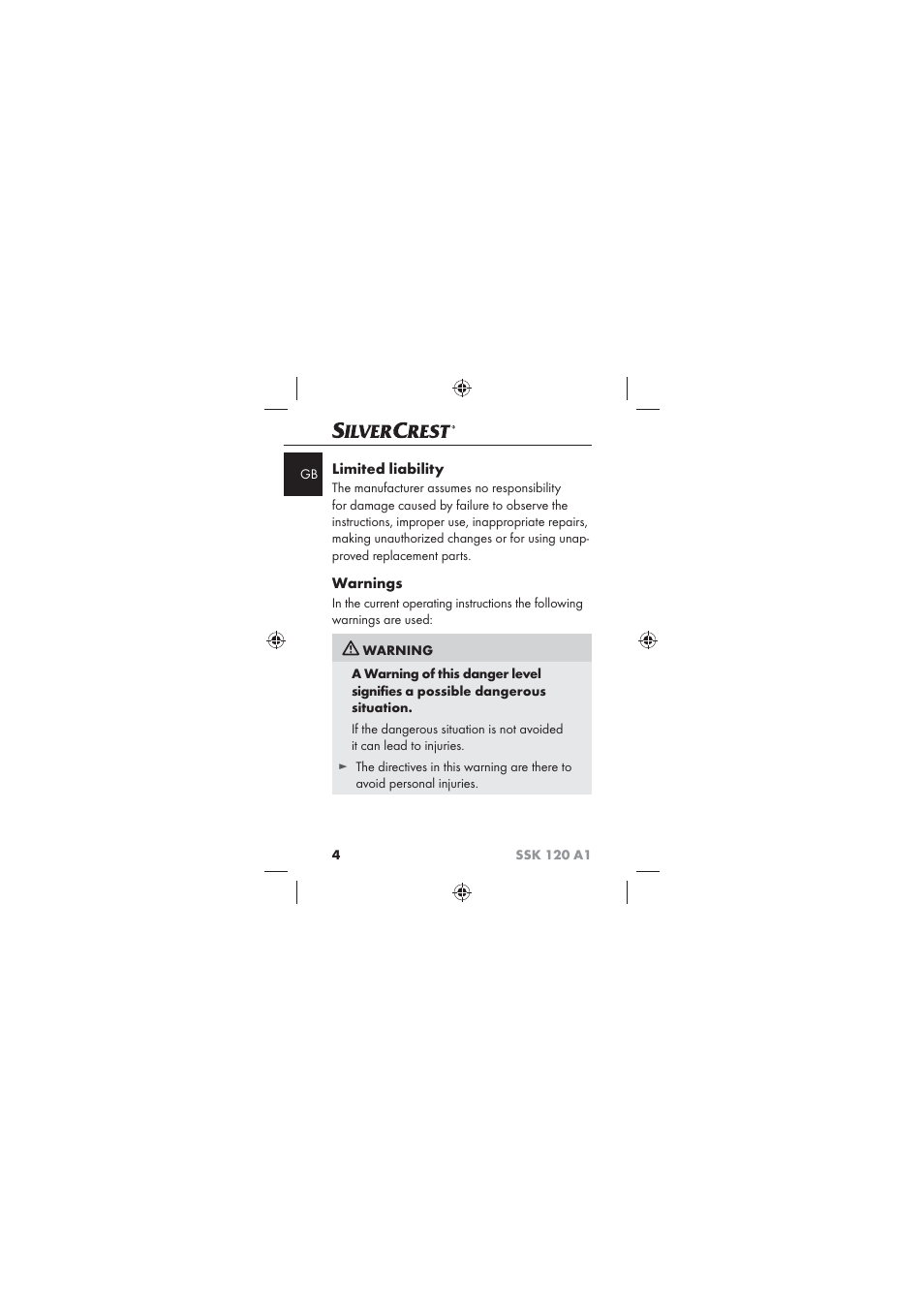 Limited liability, Warnings | Silvercrest SSK 120 A1 User Manual | Page 6 / 132