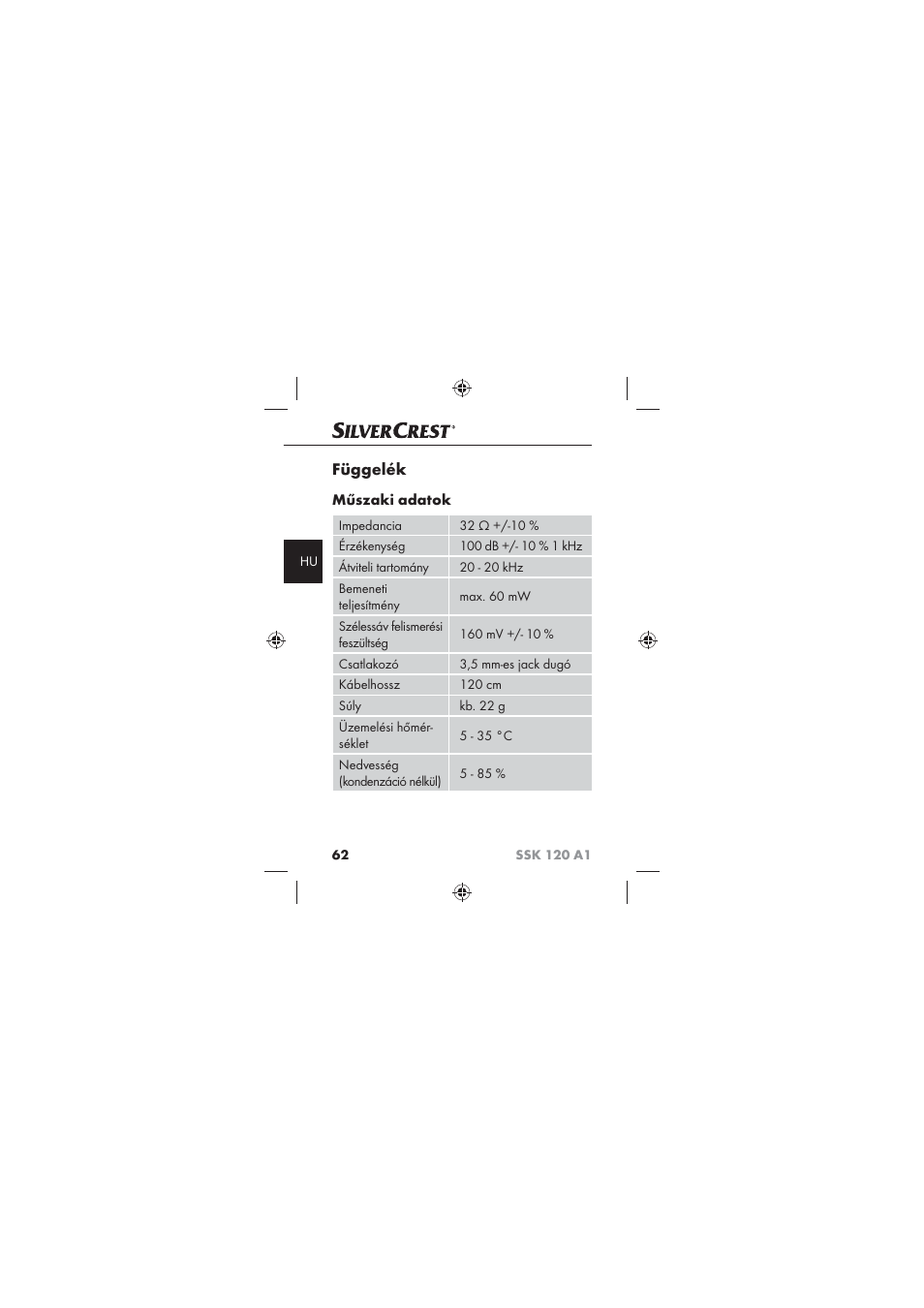 Függelék, Műszaki adatok | Silvercrest SSK 120 A1 User Manual | Page 64 / 132