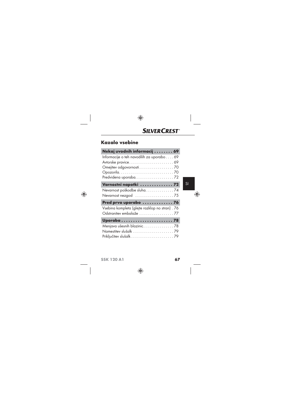 Kazalo vsebine | Silvercrest SSK 120 A1 User Manual | Page 69 / 132