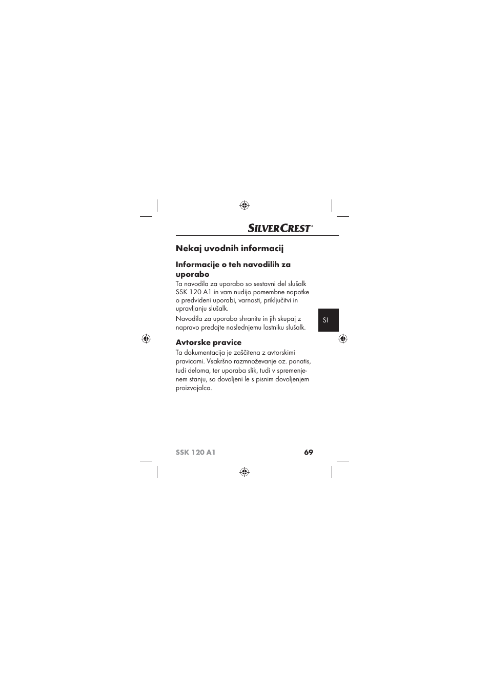 Nekaj uvodnih informacij, Informacije o teh navodilih za uporabo, Avtorske pravice | Silvercrest SSK 120 A1 User Manual | Page 71 / 132