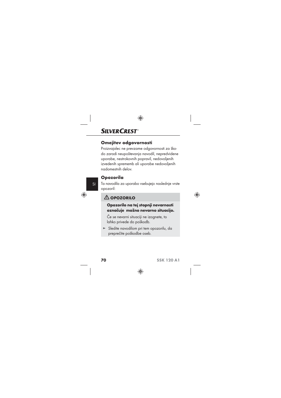 Omejitev odgovornosti, Opozorila | Silvercrest SSK 120 A1 User Manual | Page 72 / 132