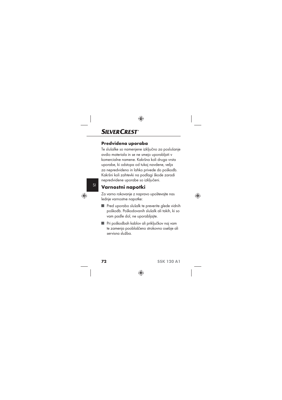 Varnostni napotki, Predvidena uporaba | Silvercrest SSK 120 A1 User Manual | Page 74 / 132
