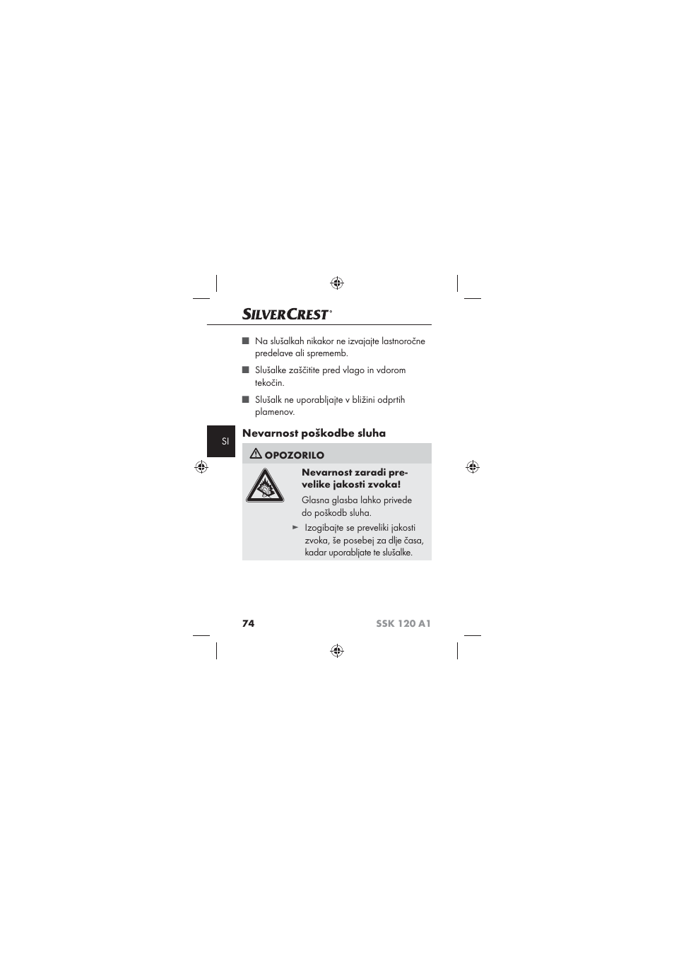 Nevarnost poškodbe sluha | Silvercrest SSK 120 A1 User Manual | Page 76 / 132