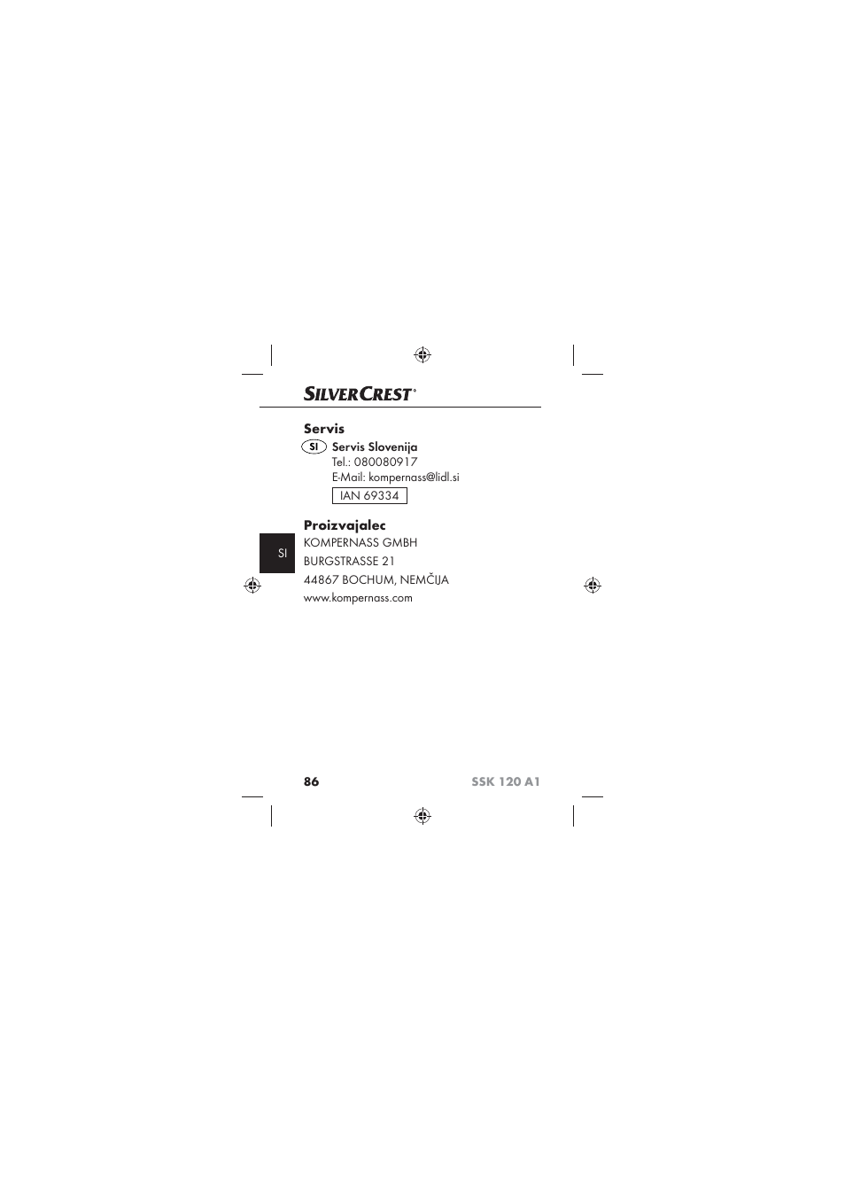 Servis, Proizvajalec | Silvercrest SSK 120 A1 User Manual | Page 88 / 132