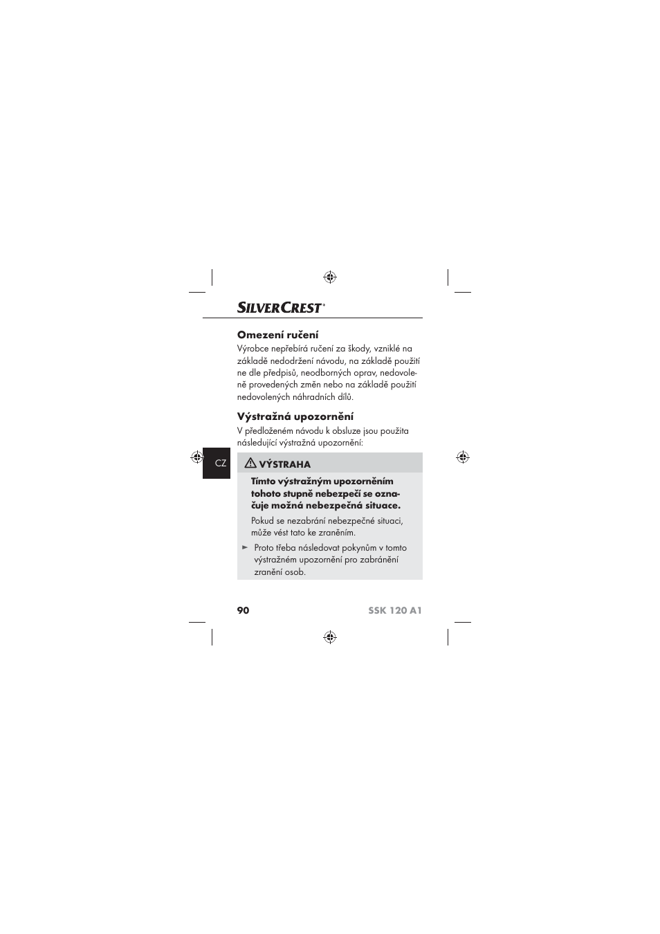 Omezení ručení, Výstražná upozornění | Silvercrest SSK 120 A1 User Manual | Page 92 / 132