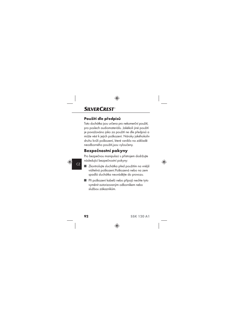 Bezpečnostní pokyny, Použití dle předpisů | Silvercrest SSK 120 A1 User Manual | Page 94 / 132