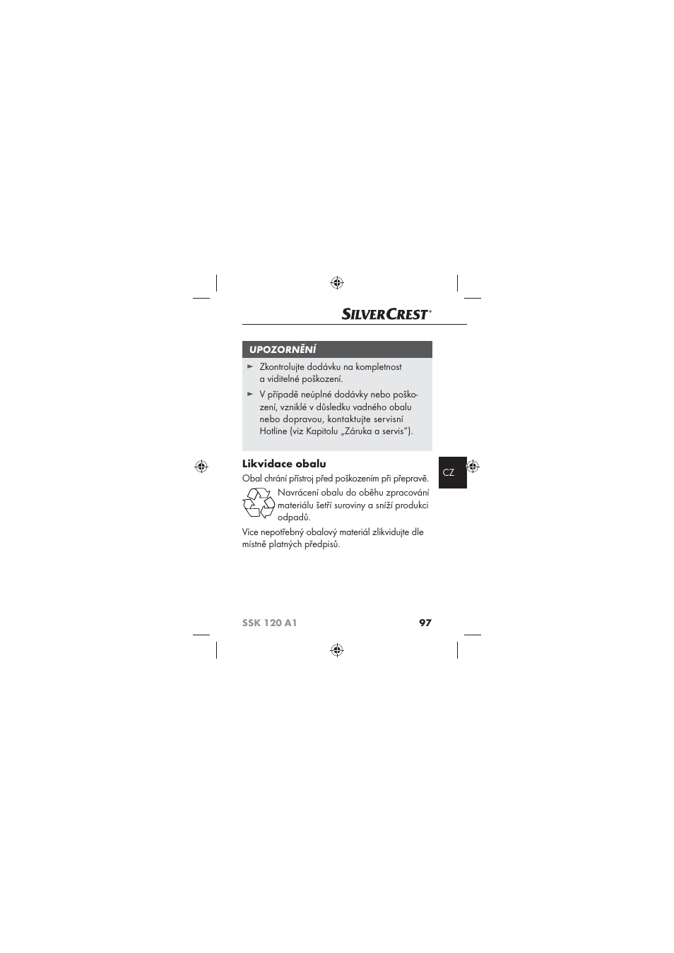 Likvidace obalu | Silvercrest SSK 120 A1 User Manual | Page 99 / 132
