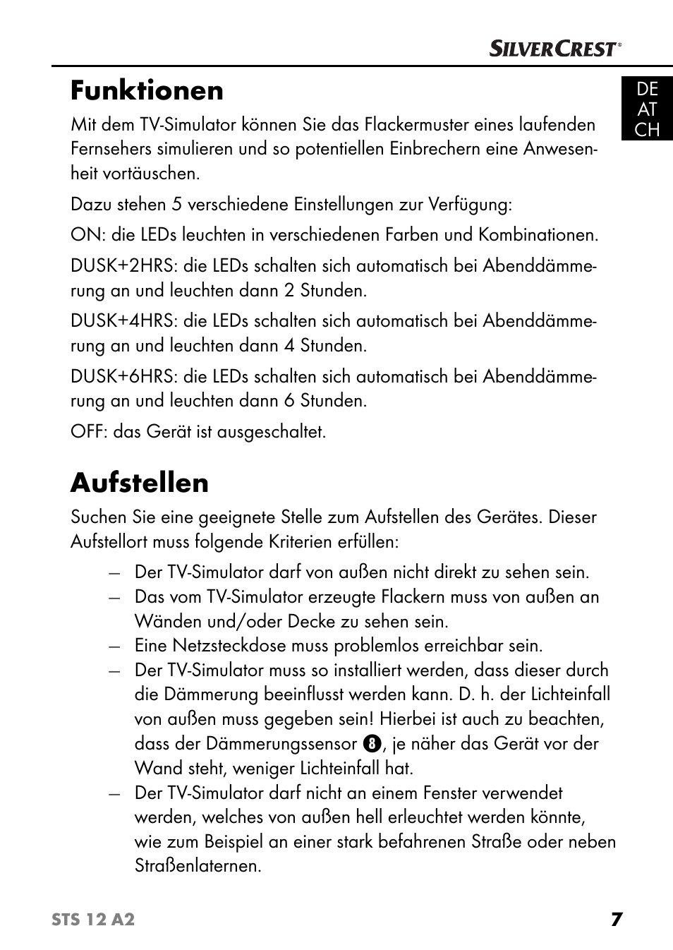 Funktionen, Aufstellen | Silvercrest STS 12 A2 User Manual | Page 10 / 67