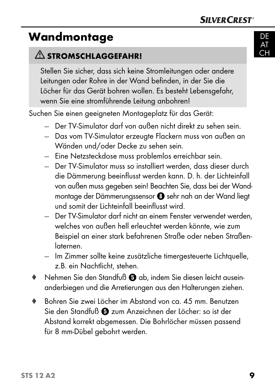 Wandmontage | Silvercrest STS 12 A2 User Manual | Page 12 / 67