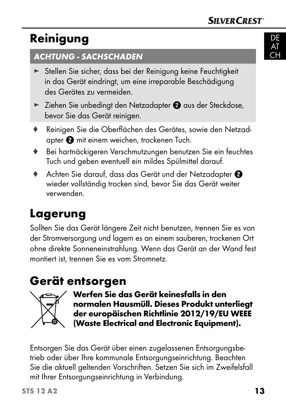 Reinigung, Lagerung, Gerät entsorgen | Silvercrest STS 12 A2 User Manual | Page 16 / 67