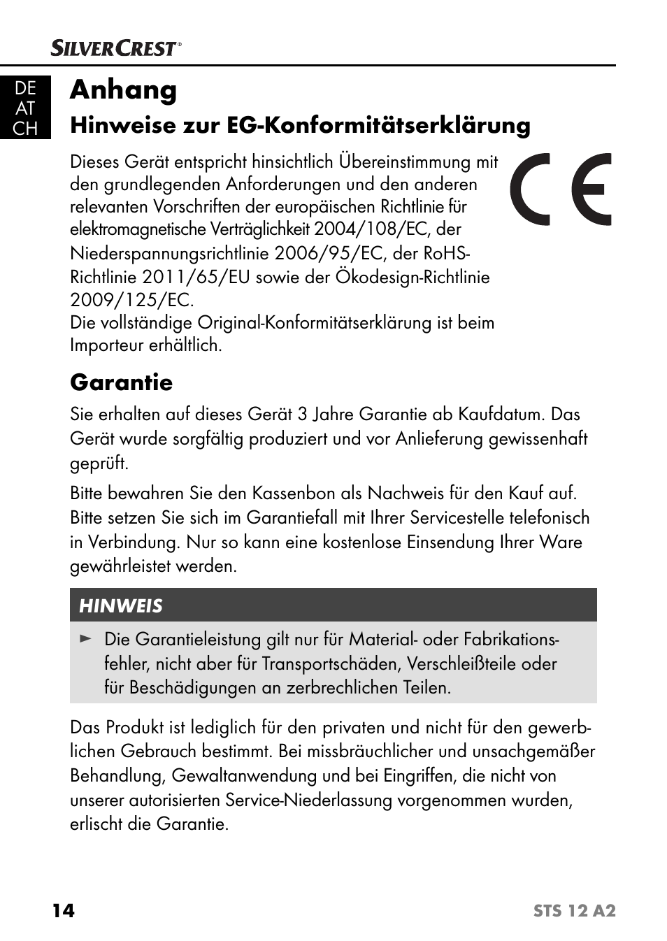 Anhang, Hinweise zur eg-konformitätserklärung, Garantie | Silvercrest STS 12 A2 User Manual | Page 17 / 67