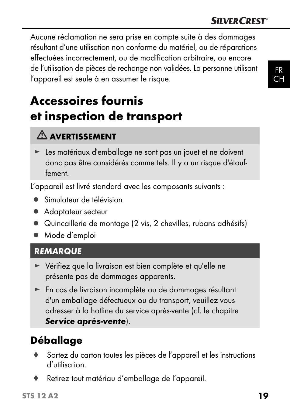 Accessoires fournis et inspection de transport, Déballage | Silvercrest STS 12 A2 User Manual | Page 22 / 67