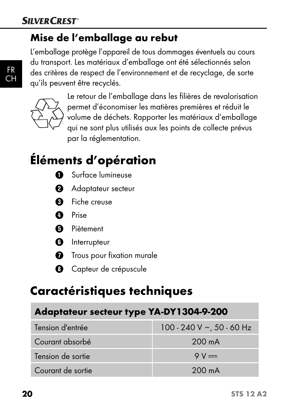 Éléments d’opération, Caractéristiques techniques, Mise de l’emballage au rebut | Silvercrest STS 12 A2 User Manual | Page 23 / 67